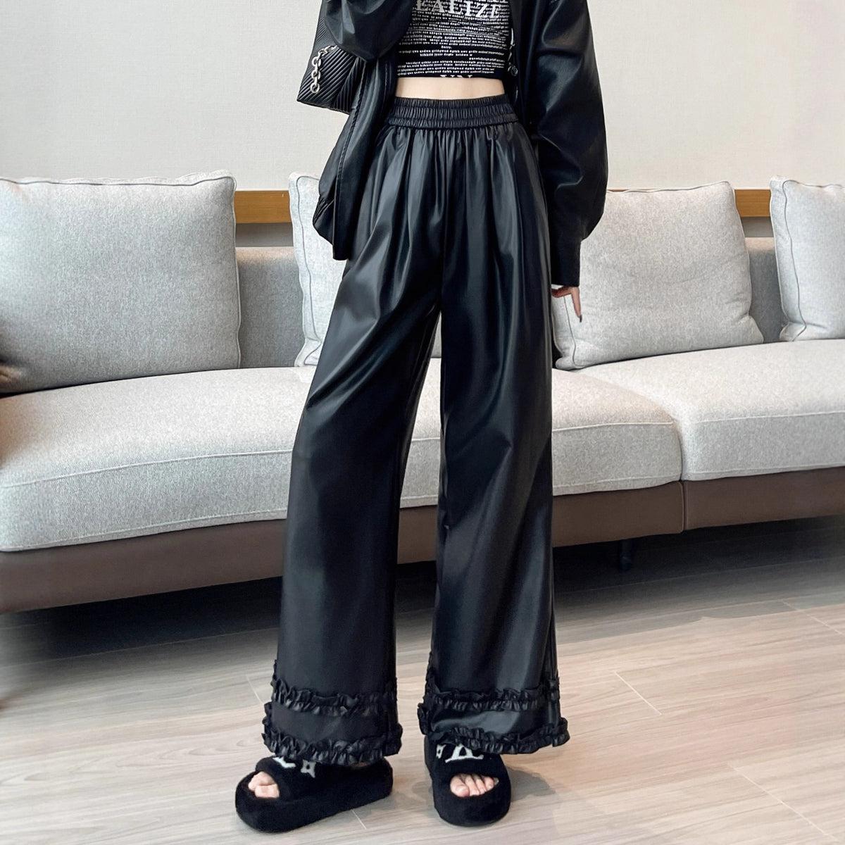 Double-Layer Ruffled Leather Pants for Women 2025 Autumn and Winter Popular High-Waisted Fashion Casual Pants Soft Pu Leather Trendy Cool Wide-Leg Pants