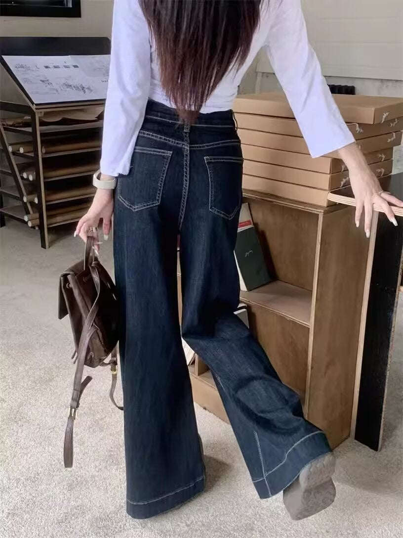 Two-button Wide-leg Jeans All-match 2024 Small Stretch High Waist Dipped Pants for Women
