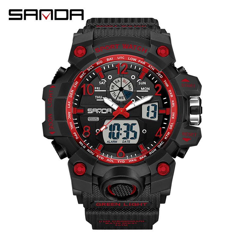 Sanda Hot-Selling Watch Korean Version Student Party Multi-Functional Waterproof Alarm Clock Electronic Watch Cool Dual Display Luminous Sports Watch