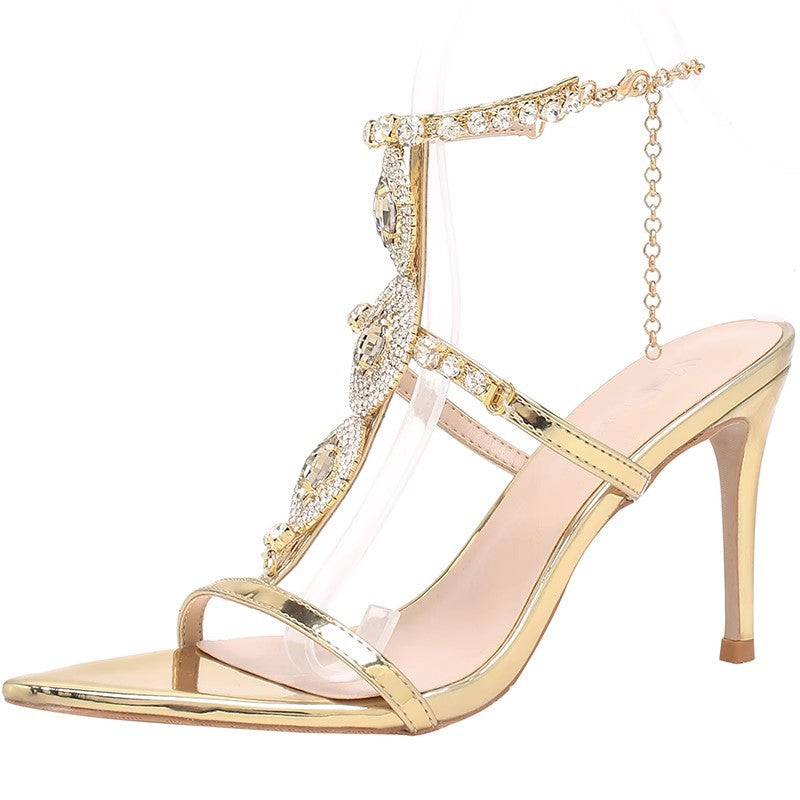 2025 Summer Sexy Banquet Nightclub Rhinestone Crystal Buckle Straight Buckle Sandals Pointed Toe Stiletto High Heels Women's Gold