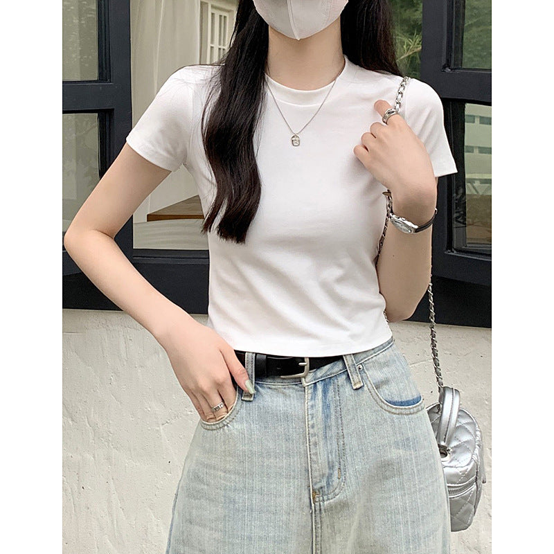 Black Straight-Shoulder Round-Neck T-Shirt for Women, Simple Basic Top, Summer Slim-Fit American Style Short-Sleeve Tee