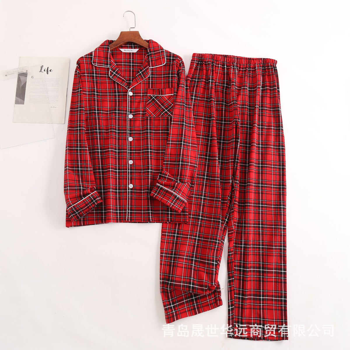 Pure Cotton Flannel Long-Sleeved Pants for Men and Women Loose Pajamas Spring & Fall Couple Plaid Flannel Large Size Plus Fat Home Clothes