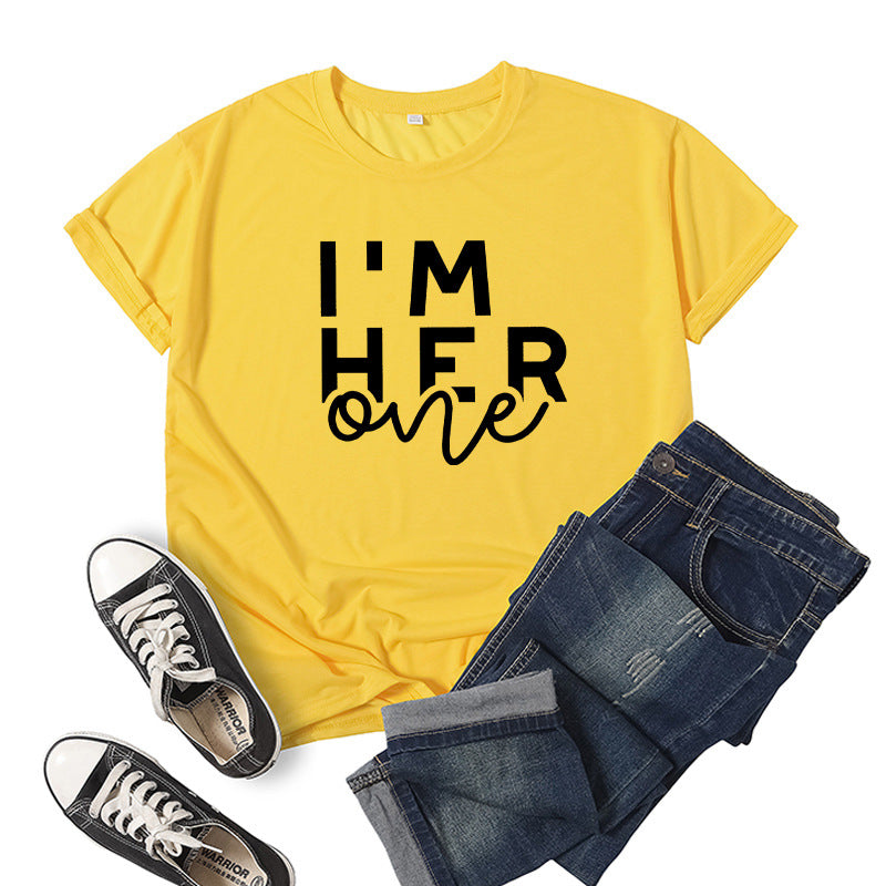 in stock Foreign Trade Cross-border I 'M HER ONE Couple Valentine's Day Printed Short-sleeved Crewneck T-shirt European and American Men and Women