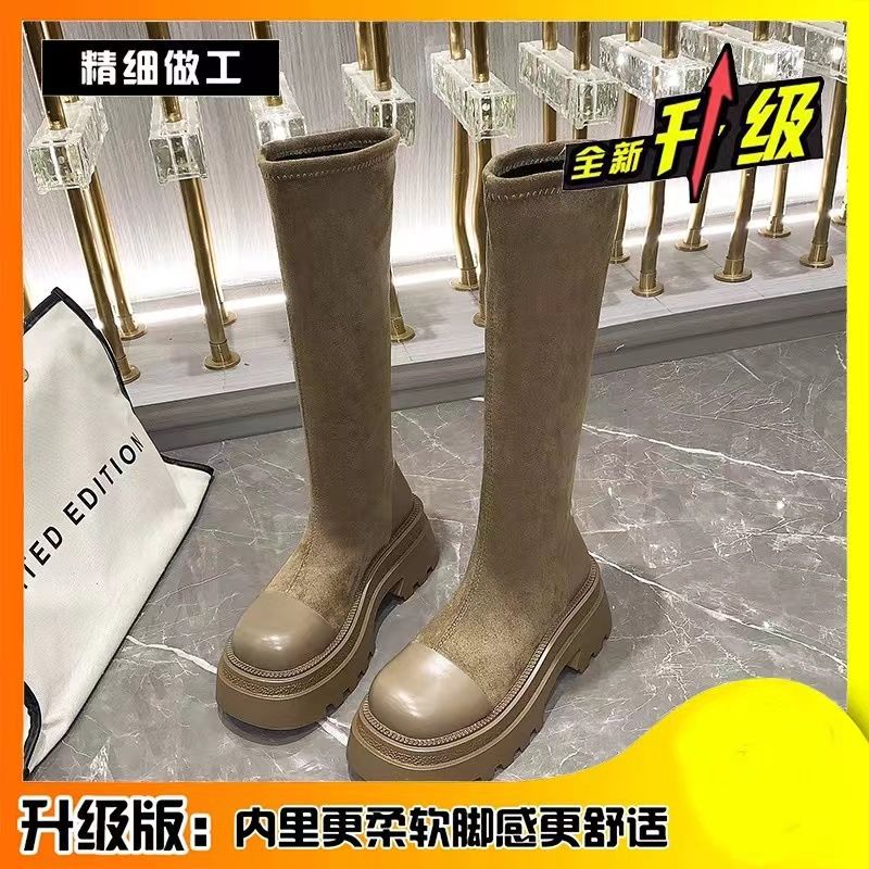 Long Boots for Women 2025 New Thick-Soled High Elastic Boots Retro Boots for Women Autumn and Winter Fleece-Lined High-Heeled Slim Boots