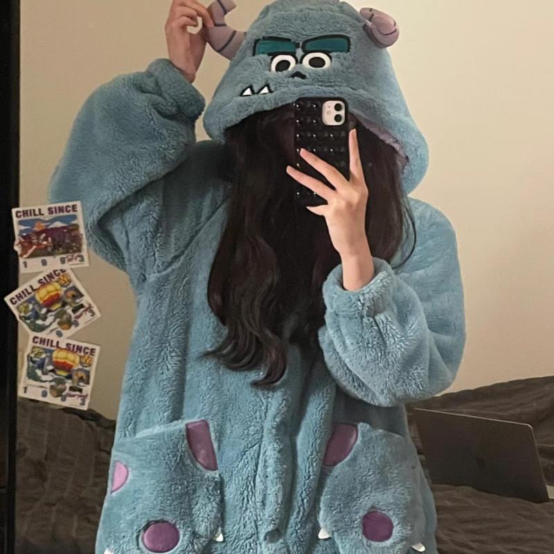 Little Monster Coral Velvet Pajamas Women's Autumn and Winter New Style Velvet Thickened Long Warm Pajamas Winter Outerwear Home Clothes