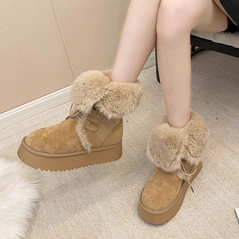Lace-Up Two-Wear Snow Boots for Women 2025 Winter New Thick-Soled Mid-Calf Fur Integrated Fleece-Lined Thickeneded Cotton Boots