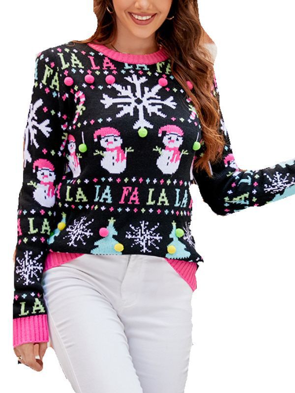 Amazon hot sale European and American heavy industry Christmas sweater women's autumn and winter New round neck snowman Jacquard knitted sweater