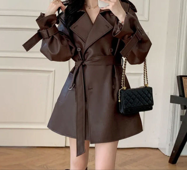Brown Leather Jacket for Women 2025 Spring New Fashion Petite Leather Jacket Trench Coat Women New Style