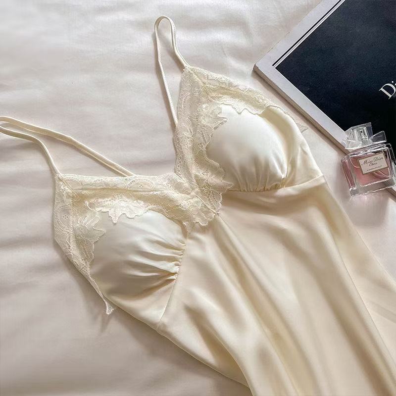 Sexy Pajamas Women's Summer Suspender Nightdress Pure Desire Style Backless Ice Silk 2023 New Slit Lace Pajamas