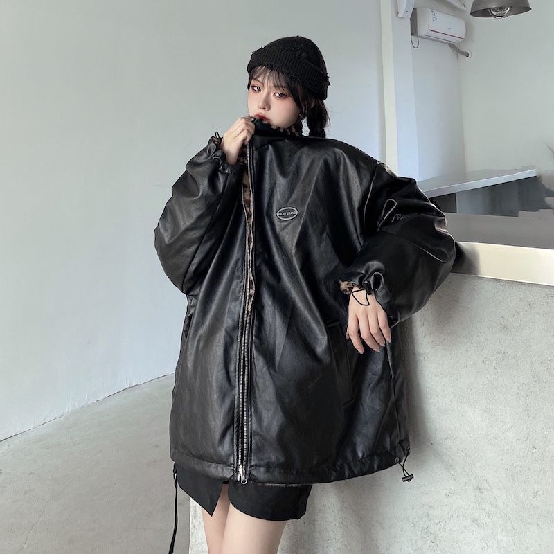 Double Face Wear Leopard Print Thickened Plush Coat Women's Winter New Hong Kong Style Retro PU Leather Coat Student Cotton-padded Jacket Fashionable