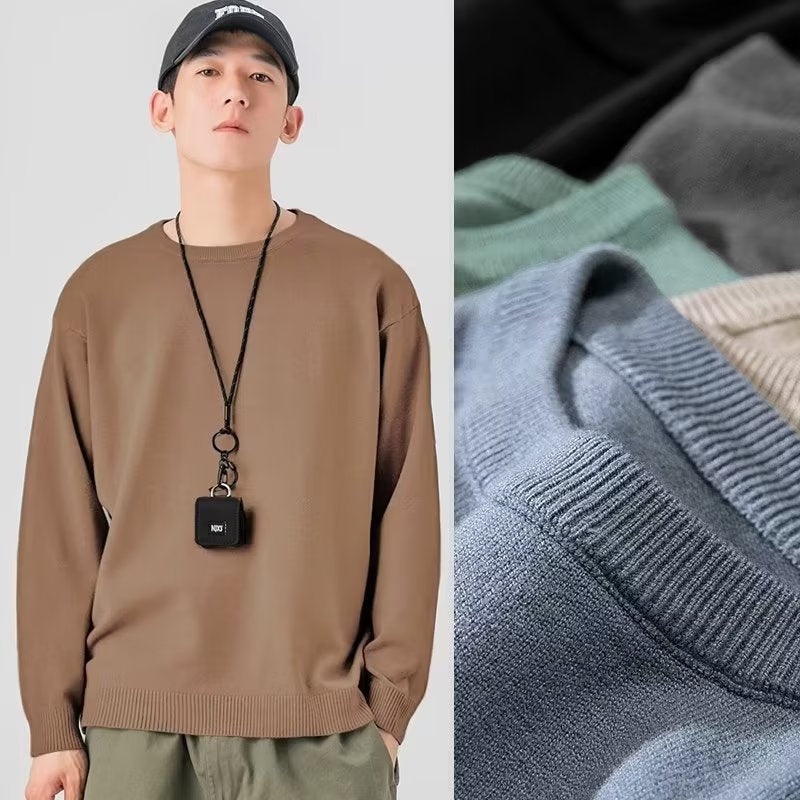 Autumn and Winter Crewneck Sweater Men's Inner Solid Color Base Shirt Loose plus size Warm Knitted Sweater Pullover Sweater