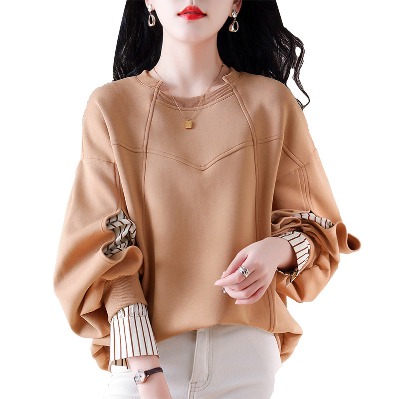 Real shot new ribbed neckline striped stitching top design sense irregular dividing line women's sweater
