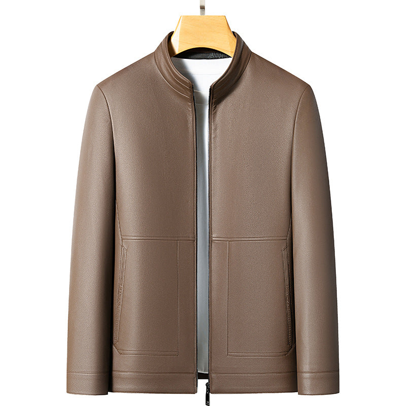 Leather men's 2024 autumn and winter new fleece-lined thickened stand collar pu leather jacket coat protein ecological leather men's