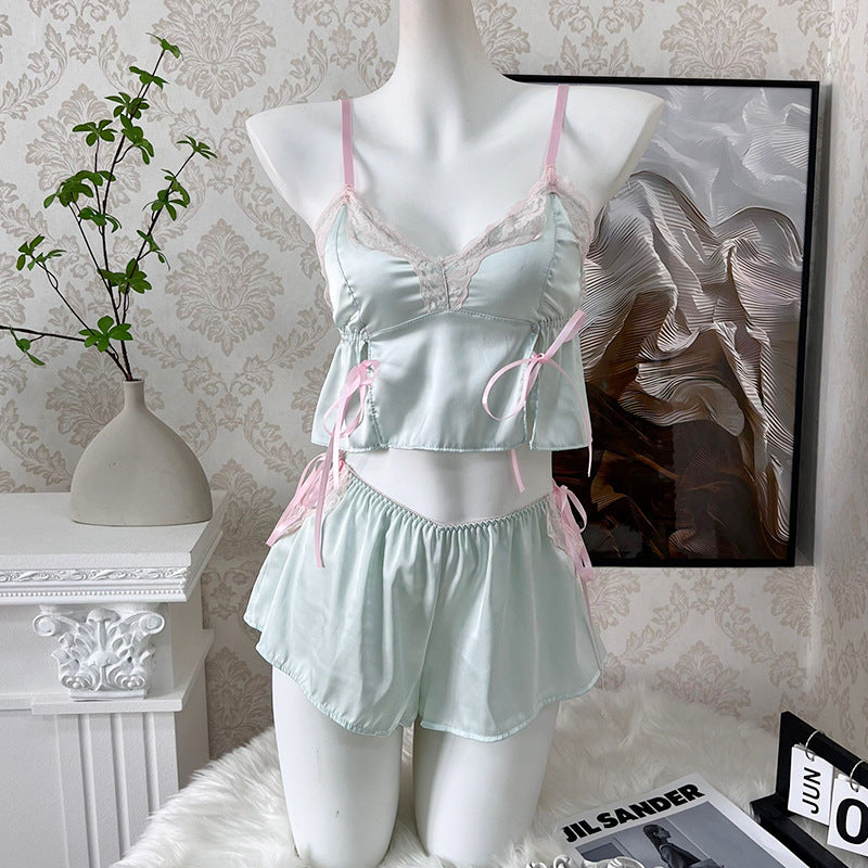 3068 Sexy Pajamas Women's Japanese-style Private Sling Chest Pad Two-piece Suit Pure Summer New Arrival Bow Skirt