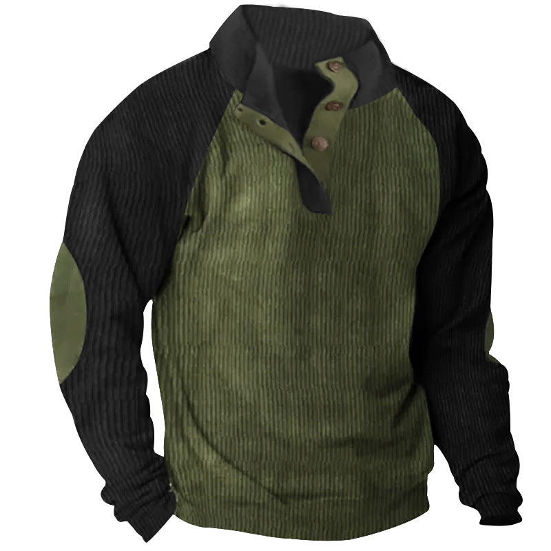 2025 Cross-Border Men's Casual Stand Collar Sports Sweatshirt Amazon Autumn and Winter Contrast Color Corduroy Slim Raglan Sweatshirt