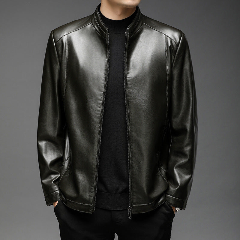 Men's Leather Jacket, Autumn and Winter, Middle-Aged Business Style, Stand-Up Collar, Fleece-Lined, Casual Men's Leather Coat, Mid-Length