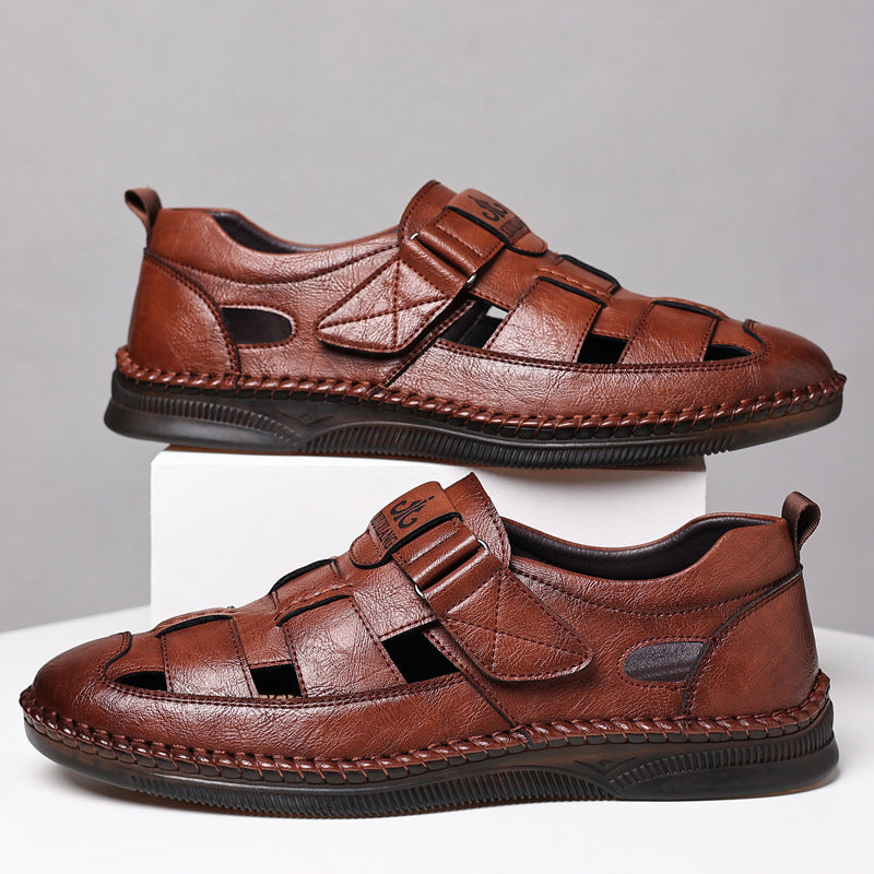 Summer New 2025 Men's Leather Sandals Men's Breathable Soft Sole Anti-slip Hollow-out Leather Sandals for Middle-aged and Elderly Dads