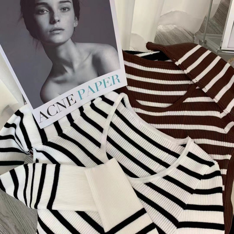 American Style Retro Fashionable Small Waist Sweater Elegant U-Neck Striped Long-Sleeved Slim-Fit Bottoming Sweater for Women