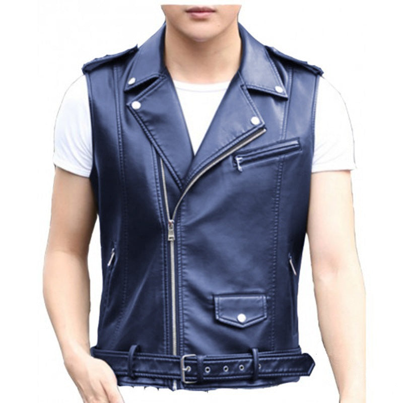 2022 European and American New Men's Slim Punk Motorcycle Sleeveless Leather Jacket Vest Diagonal Zipper Pu Leather Vest for Men