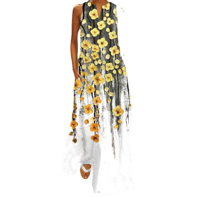 Summer Independent Brand New European and American Retro Print Long Dress V-Neck Multi-Color Long Sexy Sleeveless Dress