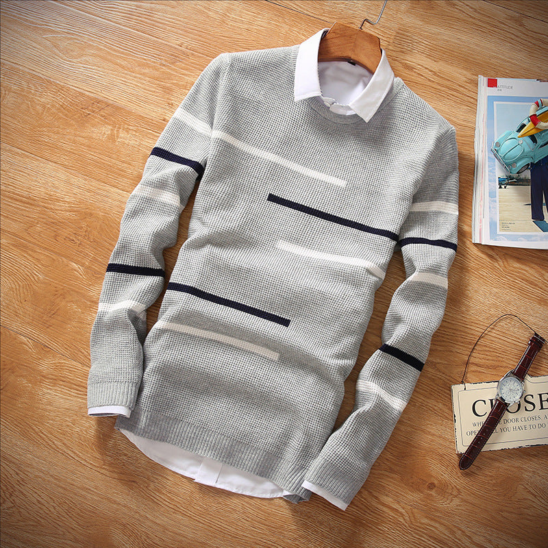 Men's Crewneck Sweater Cross-border Amazon Youth Slim-fit Casual Striped Jacquard Base Shirt Pullover Knitted Sweater