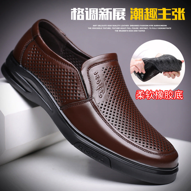 Leather Shoes for Men 2024 Summer Breathable Cut Out Sandals for Men Genuine Leather Middle-Aged and Elderly Casual Shoes Soft Sole Non-Slip Dad Shoes