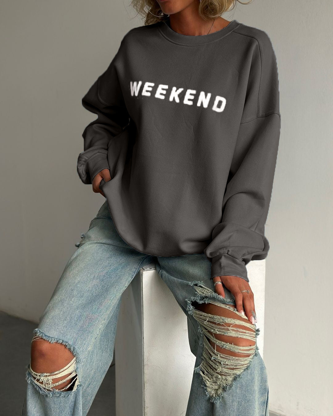 Amazon Cross-Border European and American Women's Casual Printed Thick Versatile Long-Sleeve Sweatshirt Mid-Length Winter Style