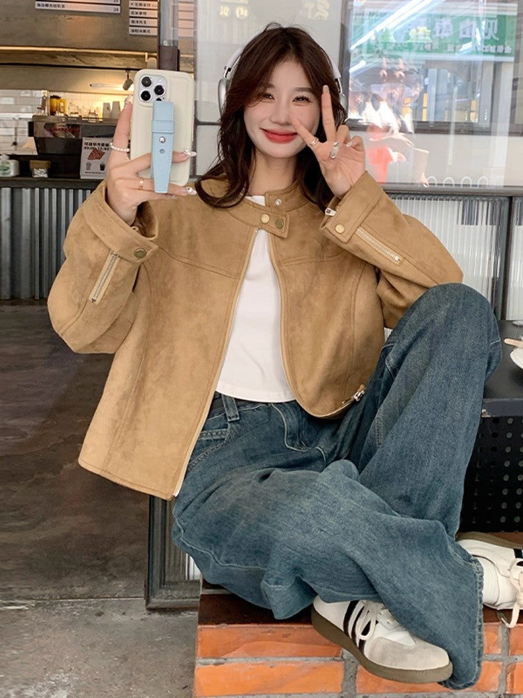 Khaki Suede Jacket Women's Short 2025 Autum New Korean Style Retro Casual Fashion Design Jacket