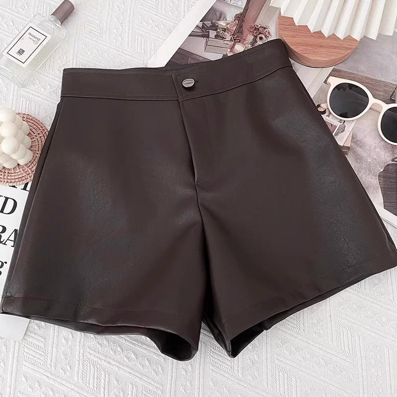 Brown Leather Shorts for Women 2023 New Autumn and Winter High-Waisted Slimming Look Loose A-Line Pants for Small People Pu Leather Outer Boot Pants