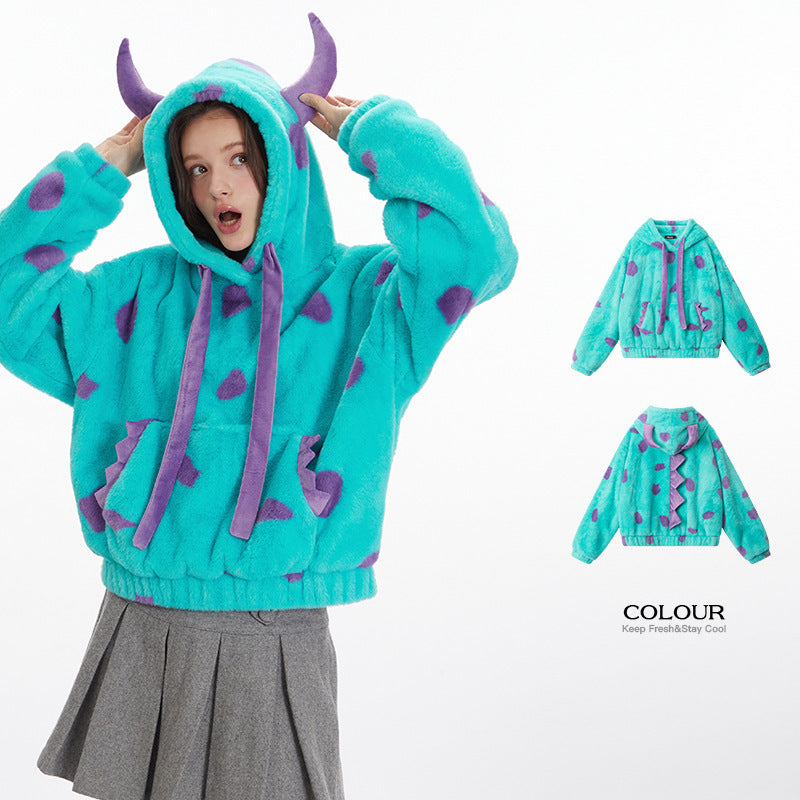 Heyhenry2025 Autumn and Winter European and American Fun Funny Cute Dinosaur Monster Polar Fleece Warm Sweatshirt for Women