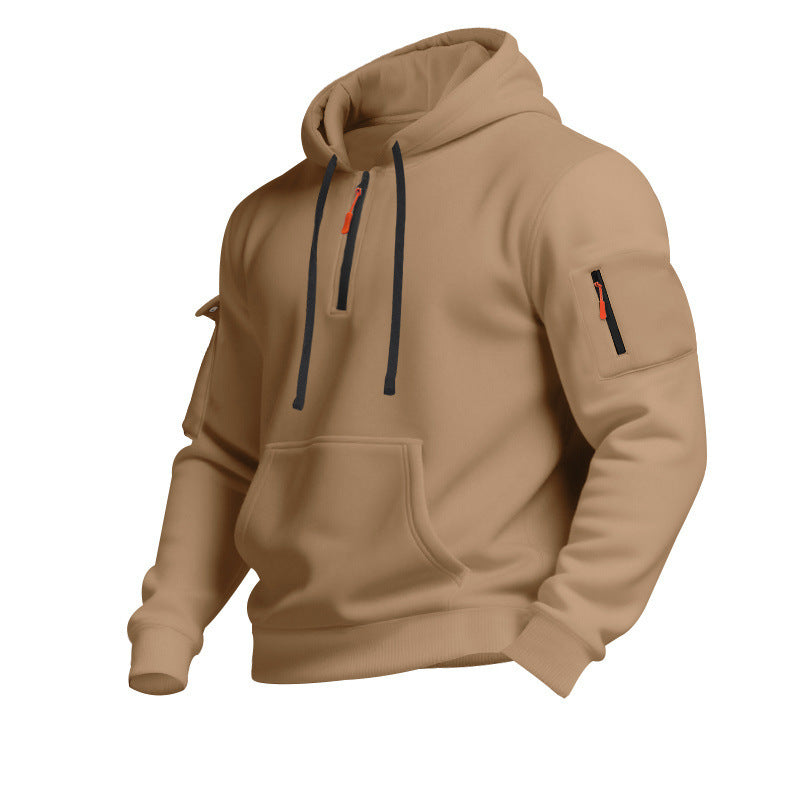 Casual Pullover Sweatshirt with Multiple Zipper Arm Pockets for Autumn and Winter, Large Size, Fleece-Lined Hoodie for Men