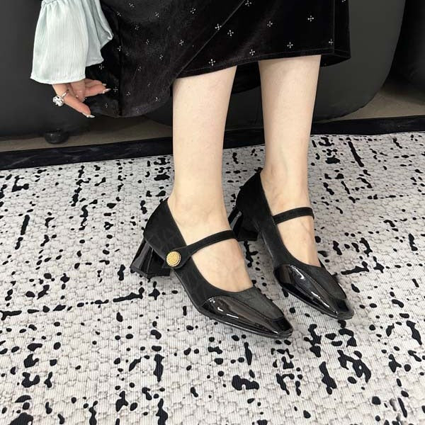 girls 2024 New Fashion High-Heeled Shoes, Chunky Heel Single Shoes, French-Style Magic Buckle, Square Toe, Pointed Toe, Mid-Heel, Fashionable and Versatile