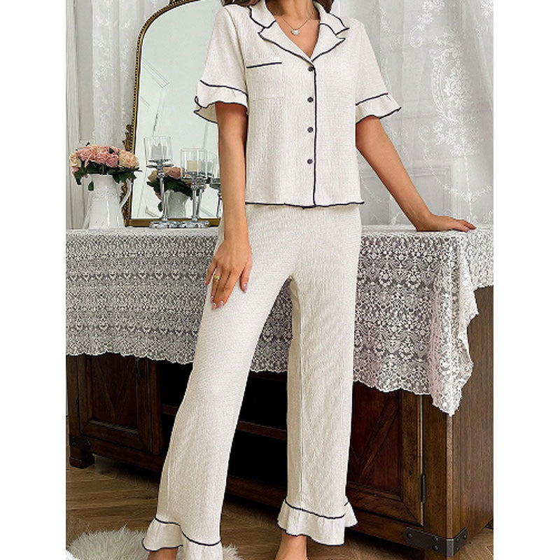 2026 Spring/Summer New Women's Pajama Set, Elegant Lapel Buttoned Short Sleeve and Long Pants Two-Piece Loungewear, Trendy for Outdoor Wear