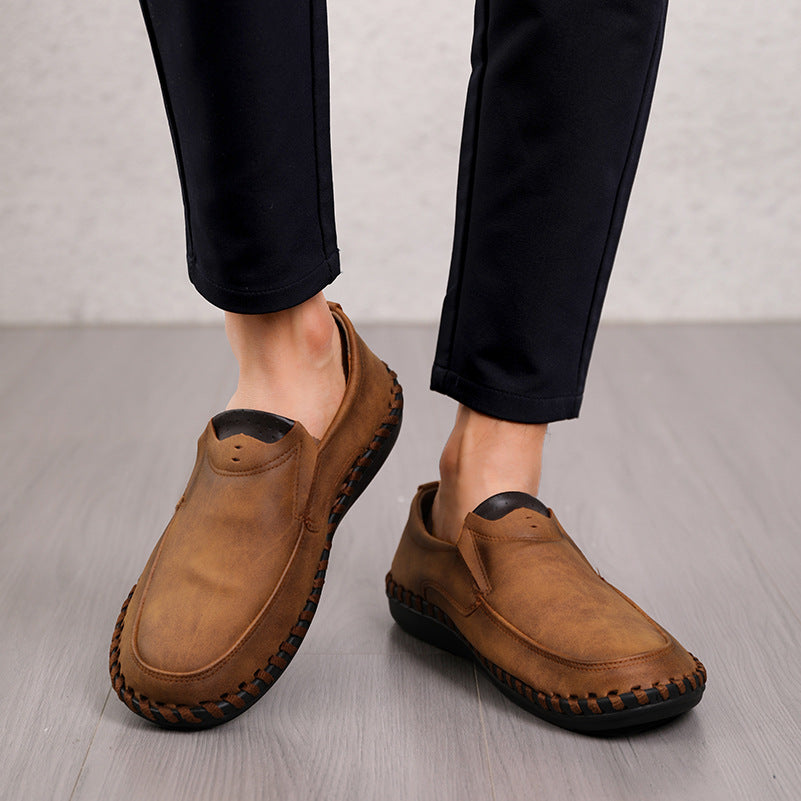 48 Large Size Low-Top Loafers for Men, Genuine Leather Hand-Stitched Slip-On Moccasins, Rubber Non-Slip Work Shoes