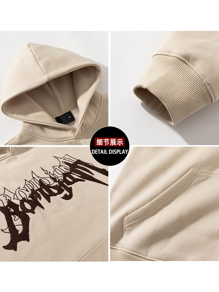 2026 American-Style Heavyweight Fleece-Lined Hooded Sweatshirt for Men, Loose Fit with Embroidered Letters, Couple's Style Embroidered Jacket for Spring and Autumn