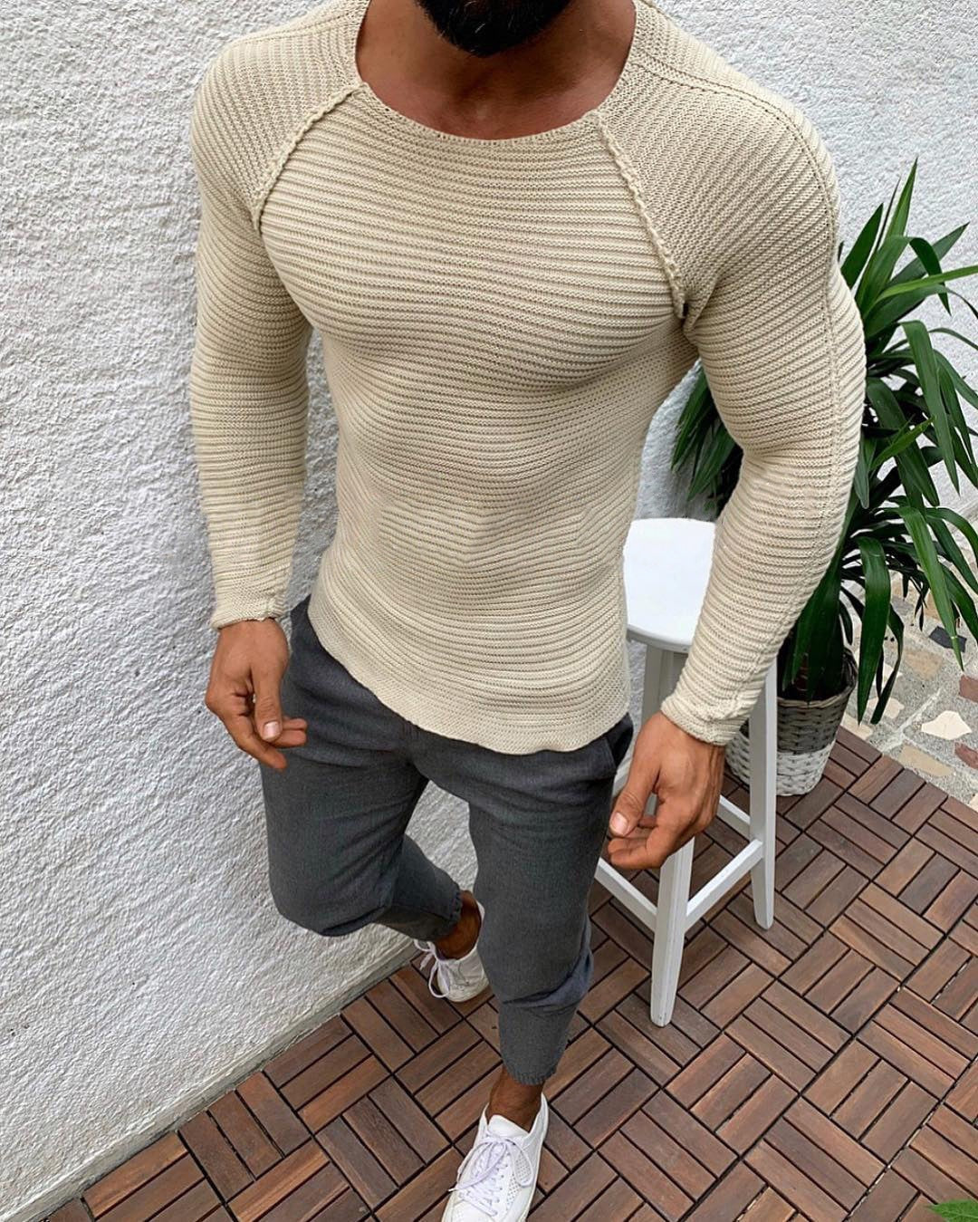 Amazon 2023 Autumn and Winter European and American Large Size Round Neck Solid Color Men's Knitwear Top Sports Slim-fit Sweater for Men