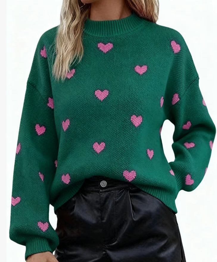 European and American Fashionable Autumn and Winter New Sweaters Long-Sleeved Round Neck Knitted Pullover Heart Loose Casual Women's Clothing