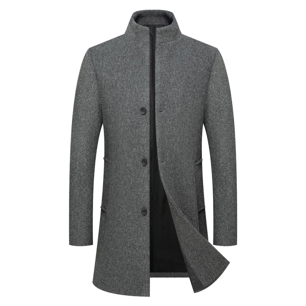Foreign Trade Autumn and Winter New Men's Clothing Men's Stand Collar Mid-Length Woolen Outwear Pure Color Youth Casual Windbreaker Jacket Trendy