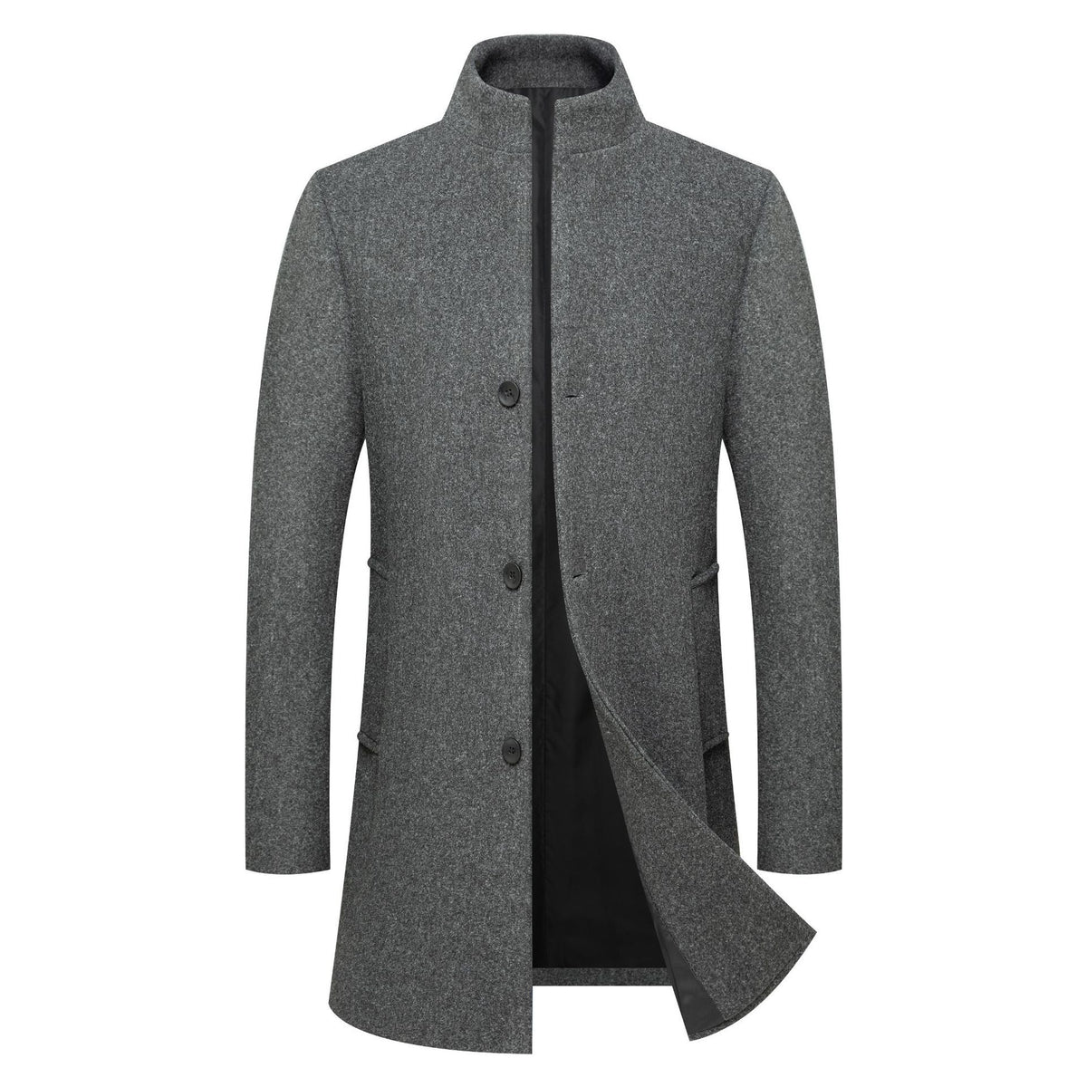 Foreign Trade Autumn and Winter New Men's Clothing Men's Stand Collar Mid-Length Woolen Outwear Pure Color Youth Casual Windbreaker Jacket Trendy