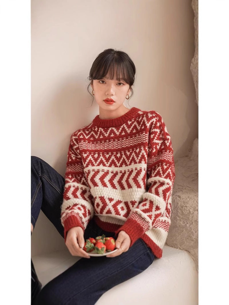 Vintage Red New Year Sweater Women's Winter Thickened Lazy Fell Island Contrast Color Knitted Sweater Design Sense Loose Outer Wear