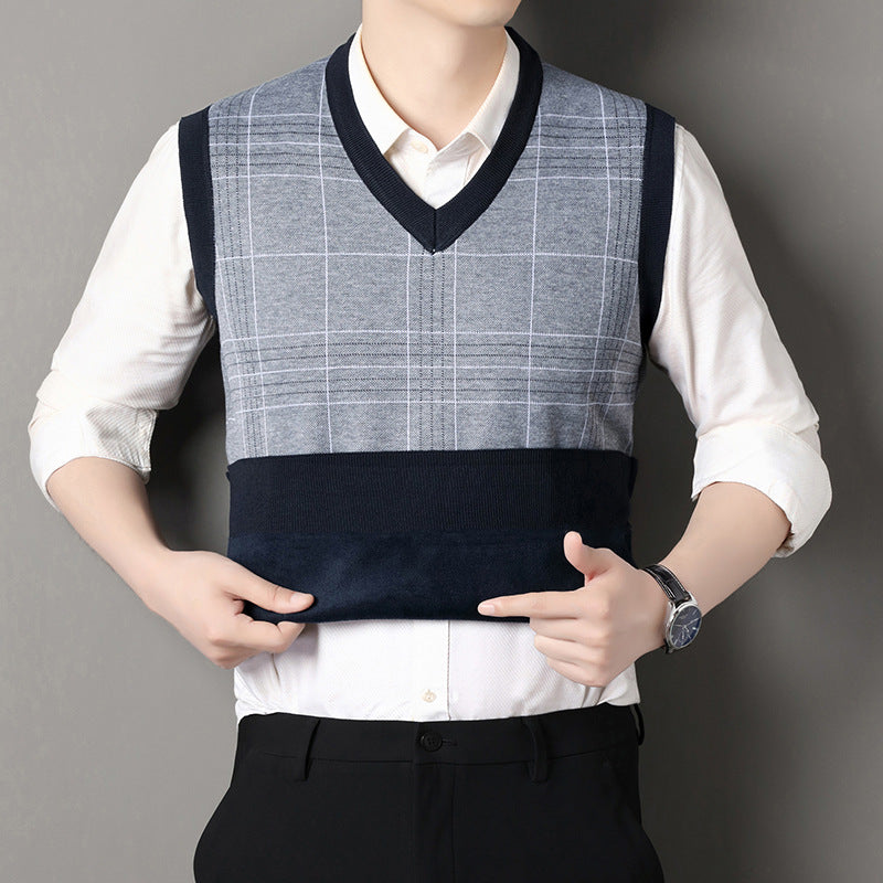 Autumn and Winter New Men's Knitted Inner Sweaters for Middle-Aged and Elderly People Fleece-Lined to Heattech Dad's Vests and Vests