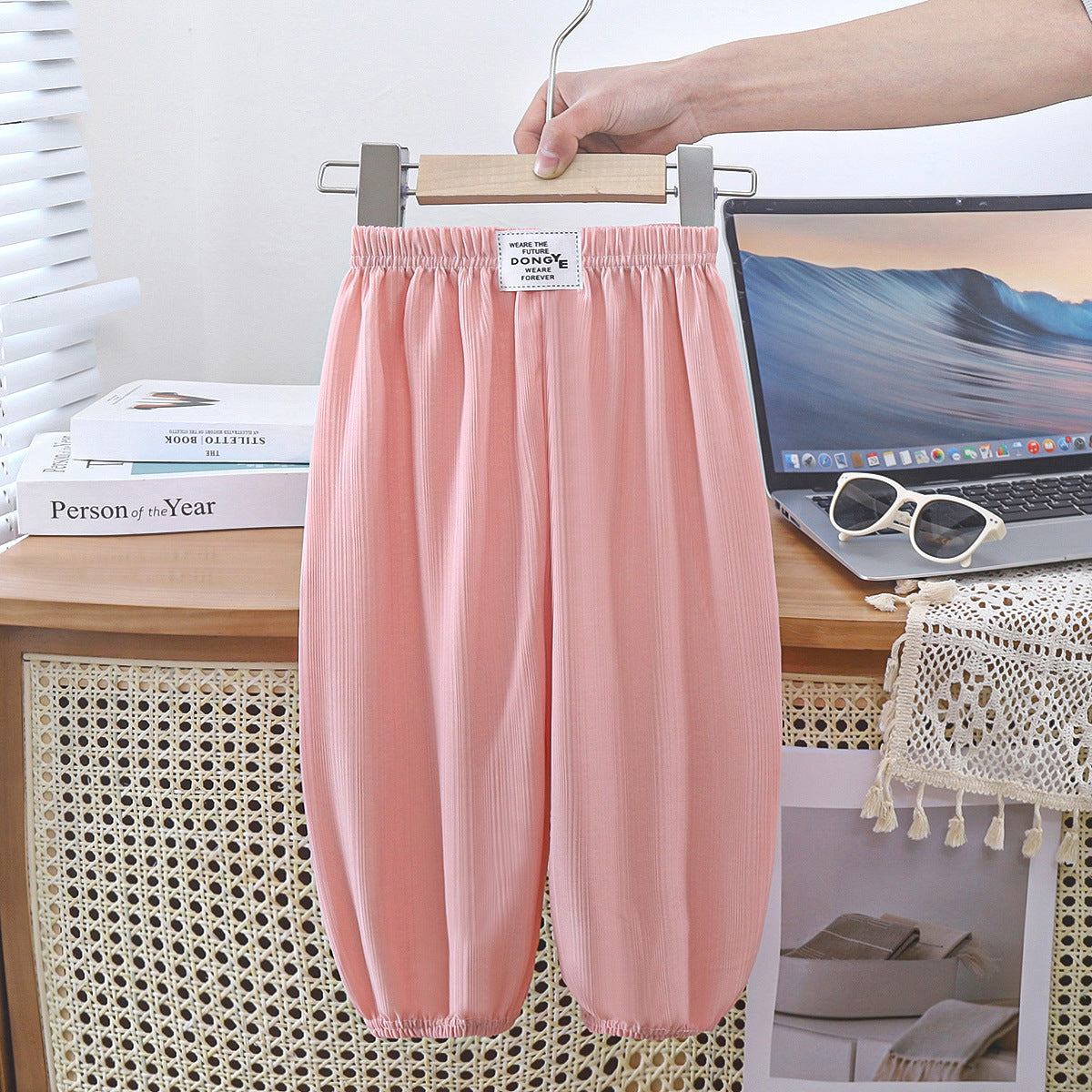 Children's Ice Silk Quick-drying Anti-mosquito Pants Girls Ultra-thin Air Conditioning Lantern Pants Summer Beach Pants Boys Black and White Paid Trousers