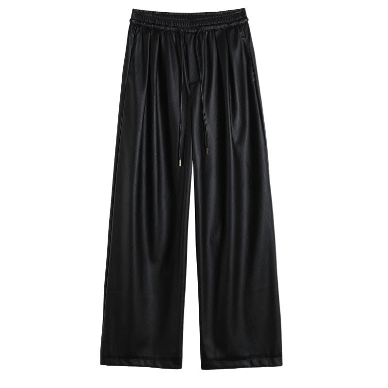 Real shot in stock leather pants women 2024 autumn and winter new fleece-lined PU leather soft leather floor wide leg pants high waist casual pants