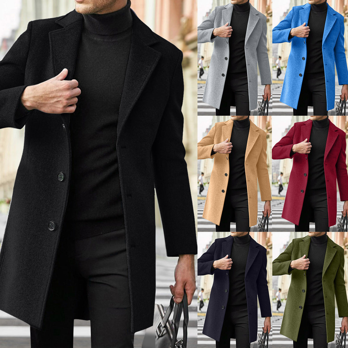 Cross-border New Amazon Men's British Single-breasted Men's Long-sleeved Woolen Coat Coat Autumn and Winter Coat Fashion