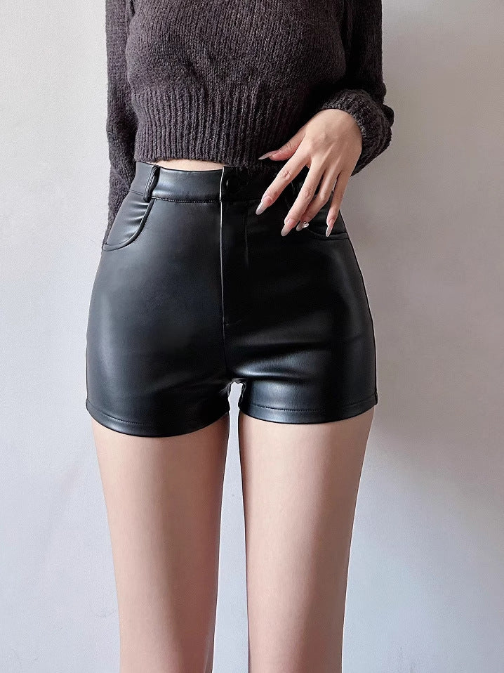 Black Leather Shorts for Women, Spring and Autumn 2026 New Korean Style, High-Waisted, Sexy, Fashionable Suit-Style Boot Shorts