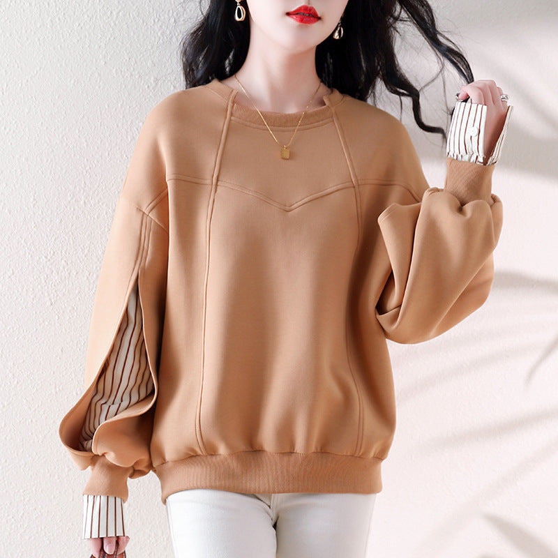 Real shot new ribbed neckline striped stitching top design sense irregular dividing line women's sweater