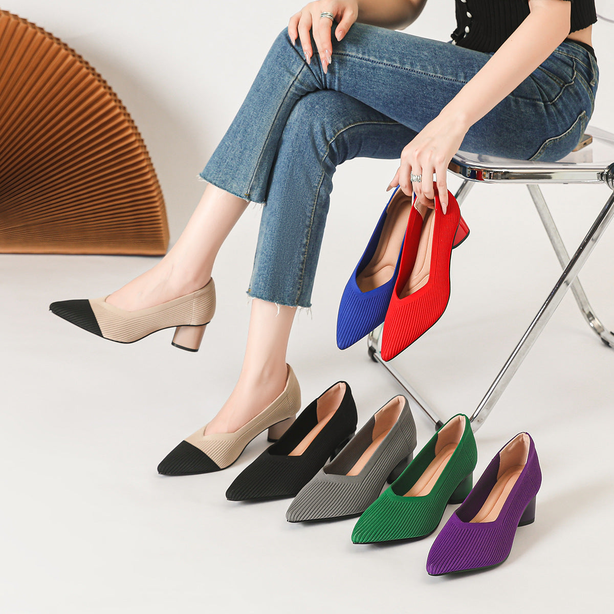 Princess High-Heeled girls Chunky Heel New Style Pointed Toe V-Cut Straight Pattern Solid Color Versatile French-Style Girl's Single Shoe Fashionable Women's Mid-Heel