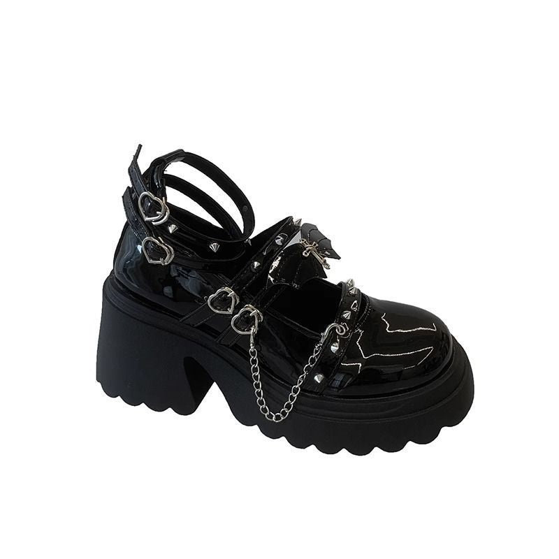 Rock Hot Girl Petite High Heels Height Increasing Punk Dark Jk Uniform Mary Jane Thick-Soled Small Leather Shoes for Women Lolita