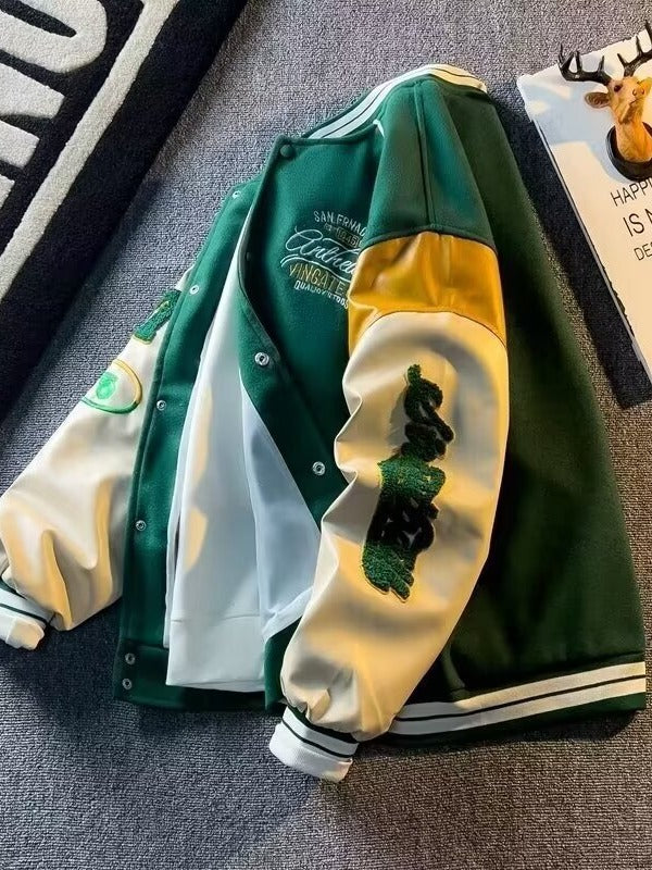 Spring 2024 New stitching woolen coat men's spring and autumn Korean fashion baseball uniform embroidered retro patchwork jacket