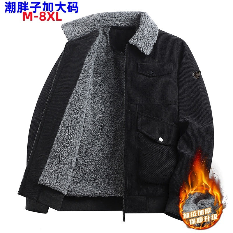 Winter Plus Size Men's New Corduroy Lambskin Cotton-padded Coat Warm Overalls Lapel Cotton-padded Coat Young and Middle-aged Jacket